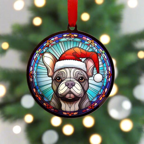 French Bulldog Grey in Santa Hat Suncatcher Decoration